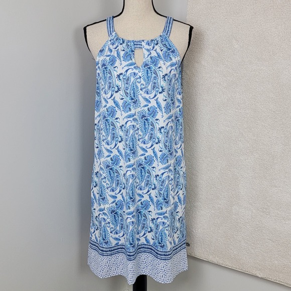 Cabana Life Women's L Blue White Paisley Sleeveless Halter Shift Travel Dress - Picture 3 of 12